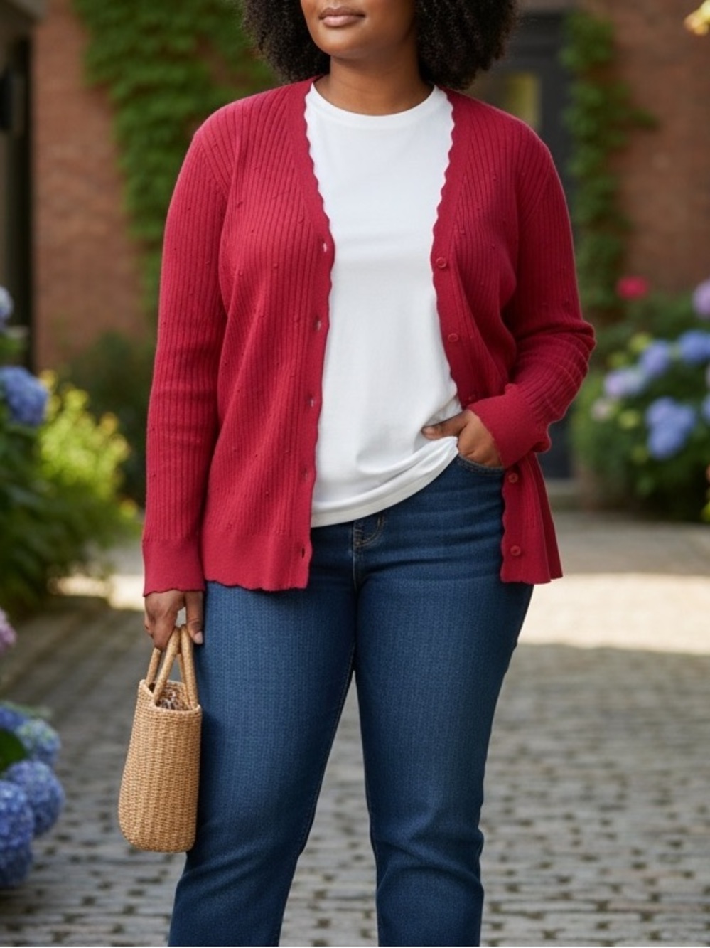 Ann Taylor Sz XXL Red Textured Ribbed Knit Stretchy Cardigan Scalloped Neck Cute